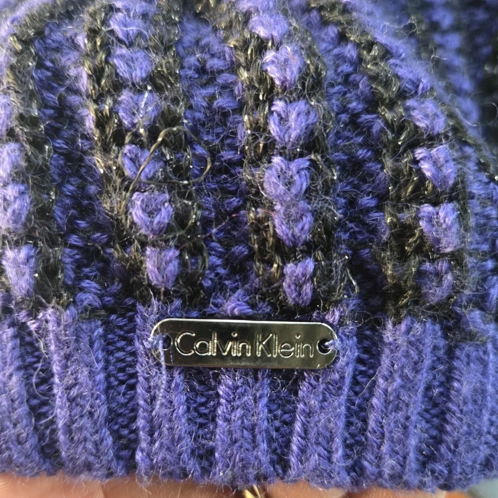 Calvin Klein Black and Purple Knit Hat